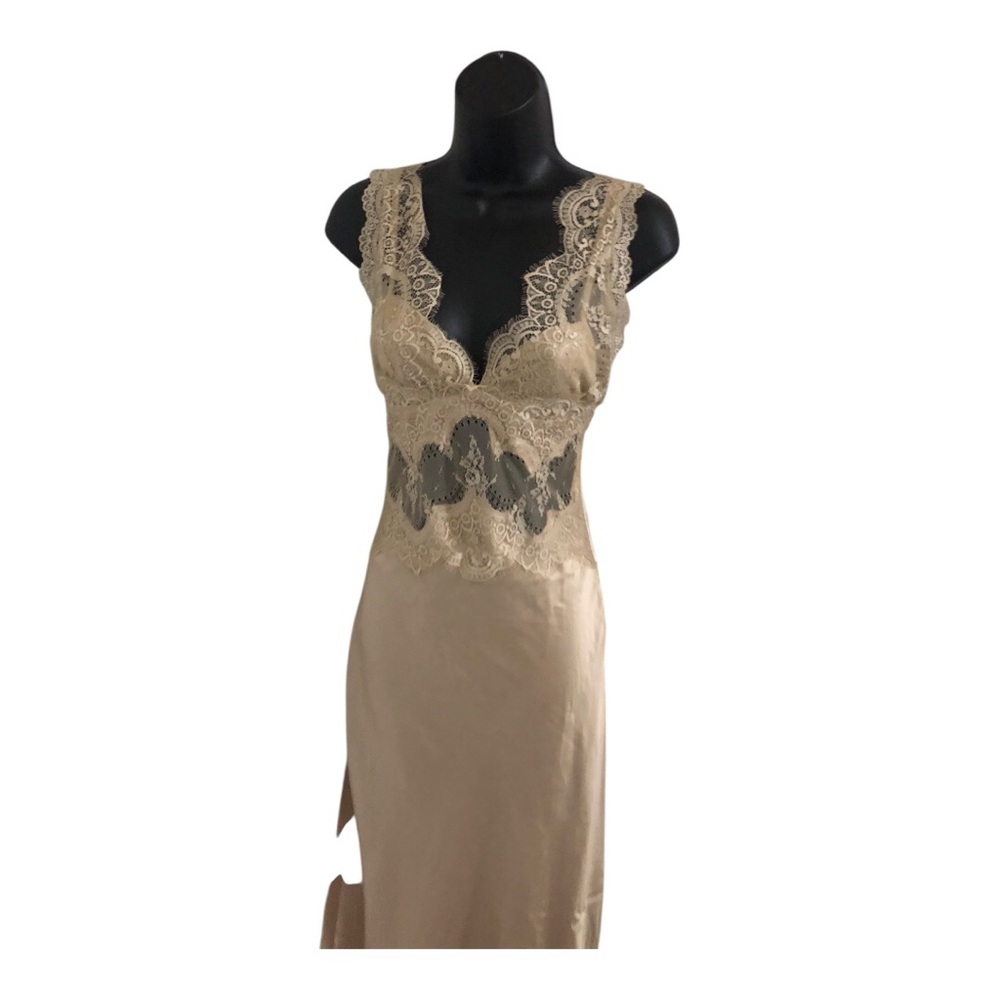 Sincerely jules champagne lace bodice plunge front satin effect dress size Large - Picture 4 of 17